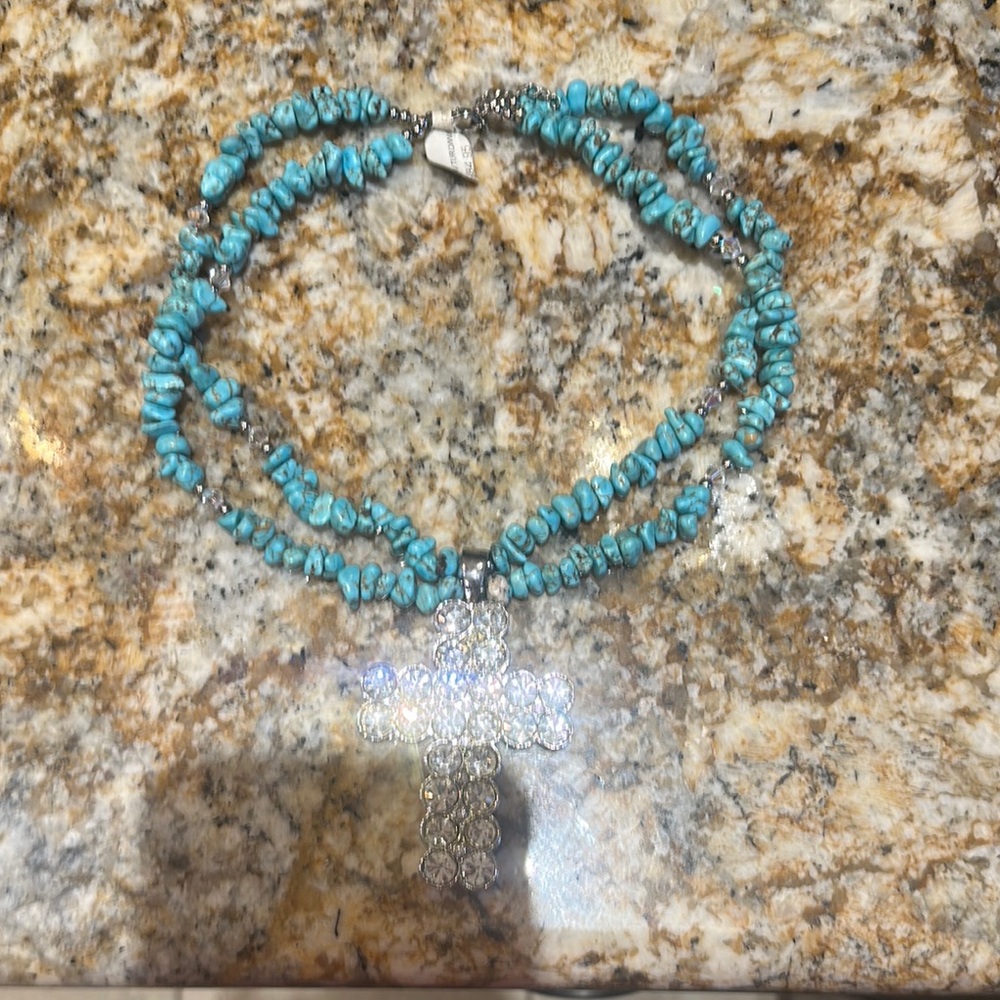 Turquoise Beaded Necklace with Silver Cross Pendant